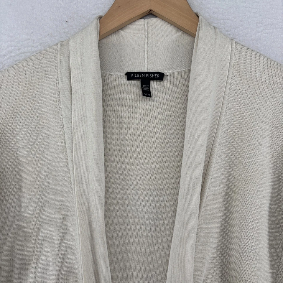 Suéter EILEEN FISHER M Cárdigan Seda Algodón Orgánico Mantón Frente Abierto Hueso Blanco Foto 3 de 4