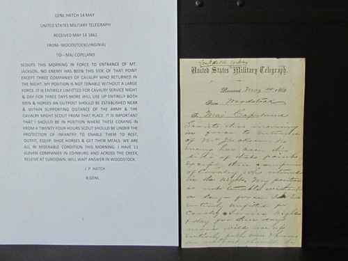 original Military Telegraph from General John Porter Hatch from Woodstock Va.