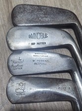 4 Antique Vintage Hickory Wood Shaft Golf Club Putters Pegasus Perrins Retford