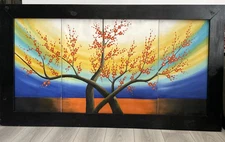 Original  3 Panel Flowering cherries oil on canvas painting 55"X30" Framed Heavy