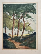 Antique 20s 30s Art Deco Aquatint Print Coastal Seaside Landscape Trees Signed