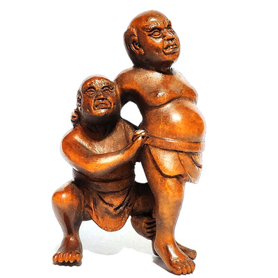 G7143 - 2'' Hand Carved Boxwood Netsuke Figurine - 2 Japanese Wrestlers