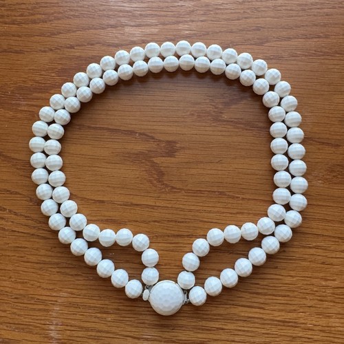 Vintage White Faceted Bead Necklace Double Strand Round Clasp