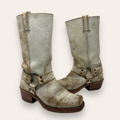 FRYE Harness 12R Leather Belted Western Moto Crackle White Square Toe 7 Women s