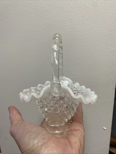 Vintage Glass Hobnail Basket w Handle / Clear to Hombre Milk Glass Ruffled Trink