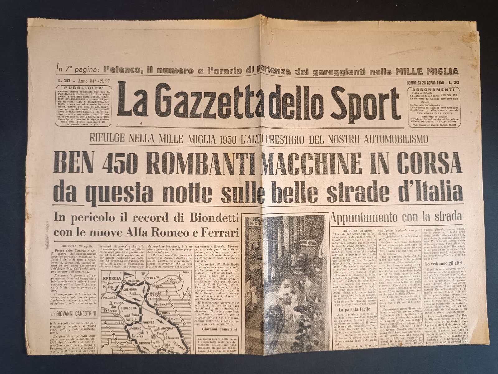 Giornale La Gazzetta dello Sport 23 Aprile 1950 N.97 Mille Miglia