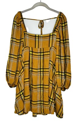 Urban Outfitters Womens Mustard Puff Sleeve Plaid Ruffle Mini Dress Size M 