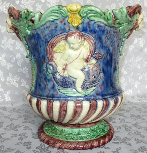 ANTIQUE FRENCH PALISSY MAJOLICA JARDINIERE / MAJOLICA PLANTER THOMAS SERGENT ? - Picture 10 of 15