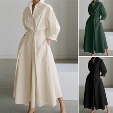 Women Party Gown Night Long Sleeve Collared Button Up Long Maxi Shirt Dress Plus