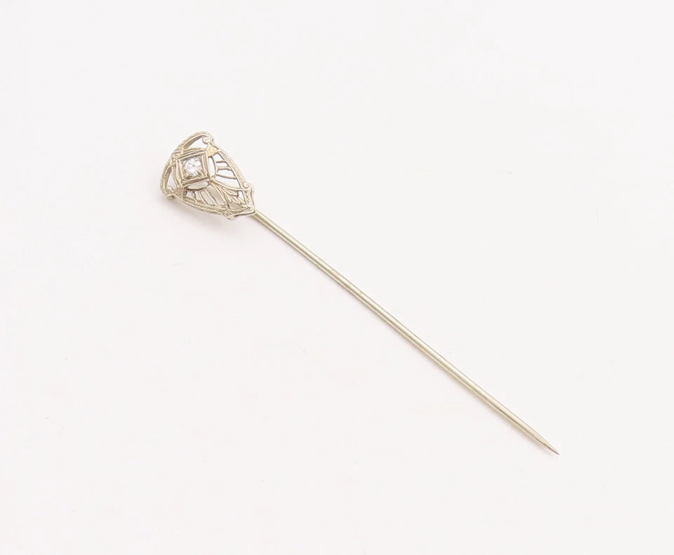 14K GOLD Vintage Lapel Pin Victorian Design Carved Real Diamond Inlay GOT085 - Image 2 of 4