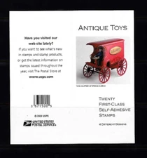 USA BKLT SC# 3645e ANTIQUE TOYS 37c. BOOKLET OF 20 MNH - PL# V1111