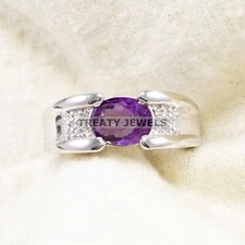 Amethyst Oval Cut Gemstone With 925 Sterling Silver Ring For Men's #A712