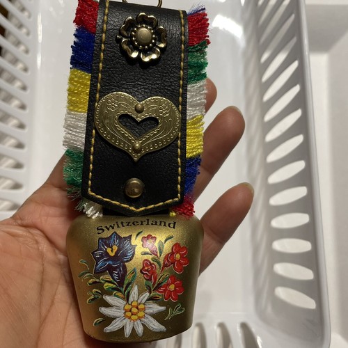 VTG Switzerland / German Souvenir Cow Bell w/Fringe Strap/ Brass Details Floral - Picture 3 of 8