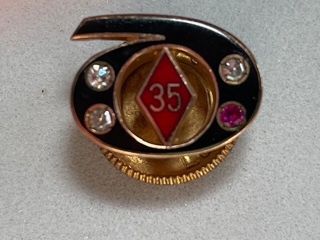 Diamond Alkali 35 Year Service Pin / Vintage 10K Gold / 3 Diamonds and 1 Ruby