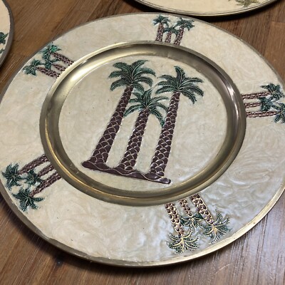 Vintage Enamel Brass Decorative Plate SET OF 4, Palm Tree, Wall