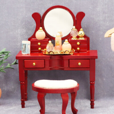 red dresser with mirror 1/12 Scale Dollhouse Miniature Retro Red Dresser With Mirror Furniture  Accessory