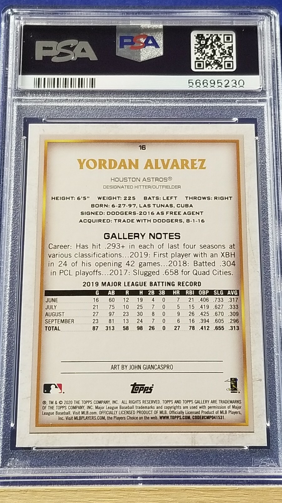 Yordan Alvarez - 2020 Topps Gallery RC #16  PSA 10 view 2
