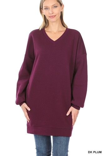 Women Round or V Neck Oversized Long Sweatshirt Loose Warm Fleece Top w/ Pockets - Picture 23 of 32