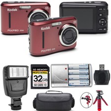 Kodak PIXPRO FZ43 Digital Camera Red Extra Battery Flash - 32GB Kit