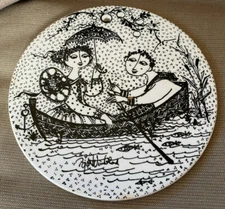 Round Trivet Juli Nocturne Nymolle Denmark Danish Blk White Couple Row Boat MCM