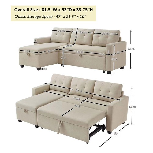 Upholstered Pull Out Sectional Sofa Convertible Corner Couch L-Shaped Sofa Loung - Picture 11 of 13