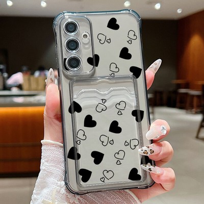 Black Heart Case For Samsung S24 FE S23 Ultra S22 A16 A15 A55 Card Holder Cover