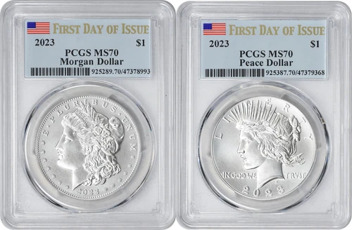 2023 Morgan and Peace Silver Dollar 2-Coin Set MS70 First Day of Issue PCGS FDOI