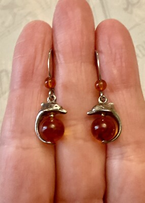 Boucles D'oreilles Pendantes Anciennes Argent Massif 925 Avec Ambre - Fermoir Dormeuses