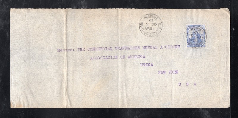 Trinidad 1912 cover to Utica, NY franked 2 1/2p ultramarine Britannia, Scott 107