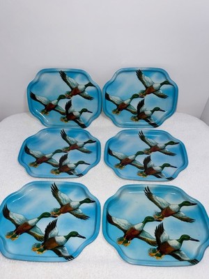 Vintage Lot of 6 Metal Mallard Duck Trays Elite Trays England Single Serve Snack