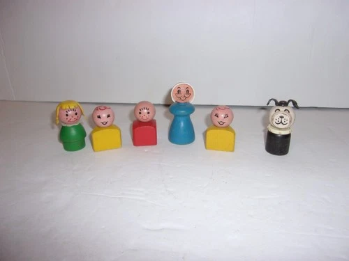 Vintage Fisher Price Little People Wood Dog Old Woman in Shoe Figures +