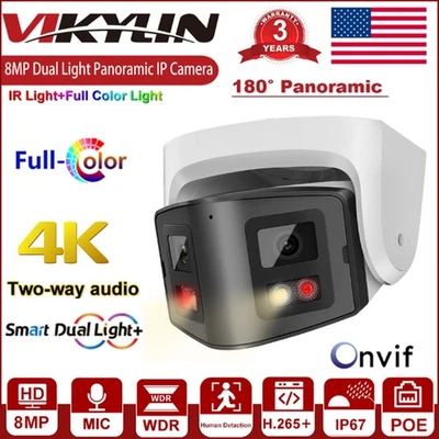 Vikylin 8MP POE IP Camera Dual Lens 180° View 2-Way Audio Dual Light Full Color