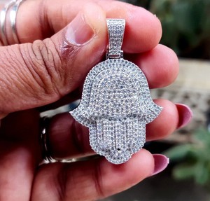 Authentic 2Ct Round Lab-Created Diamond Hamsa Hand Pendant 14K White Gold Plated Silver