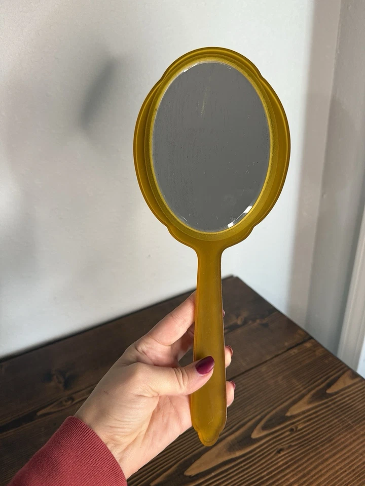 Vintage Art Deco Bakelite Celluloid Green Jade Marble Hand Held Mirror Jewels - Image 2 of 4