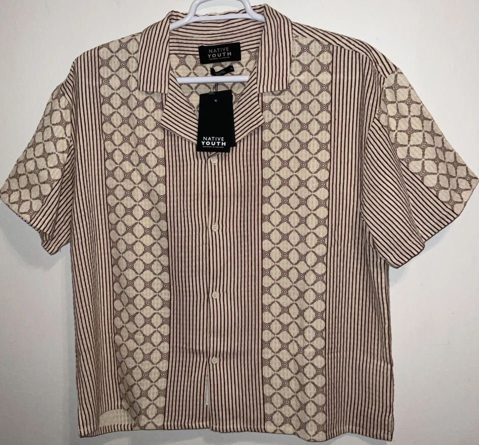 NATIVE YOUTH URBAN OUTFITTERS CREAM BROWN SEERSUCKER ENGLAND DESIGN SHIRT XL NWT - Image 4 of 4