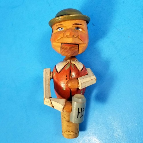 Vtg Italian Anri Hand Carved Man Drinking Mechanical Mouth Arm Wine Cork Stopper