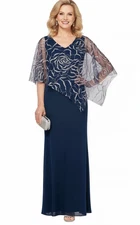 SL Fashions Gown Women’s Size 12 Navy Glitter Floral Popover Cape Maxi NWT