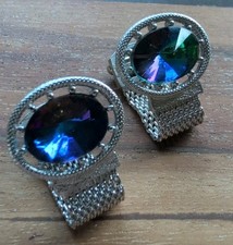 VINTAGE SWANK BLUE PURPLE RIVOLI WRAP AROUND SILVER MESH CUFFLINKS