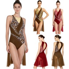 Women Leotard Leopard Print Dancewear Sheer Tulle Skirt Bodysuit Rumba Samba