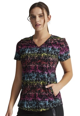 Dickies Dynamix Women Scrubs Top V-Neck DK838, Size: S, Texture Trail Rainbow