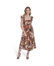 Vince Camuto Printed Square-Neck Ruffled-Shoulder Dress Women's L Brown Multi