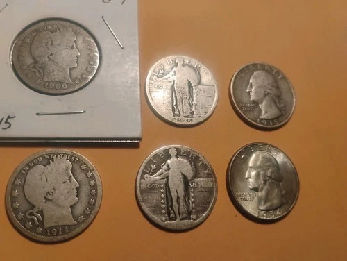 6-SILVER Qrts 1900-O 1914-D Barbers,1925 ,NO DATE,1935,1954 Silver -GREAT COINS