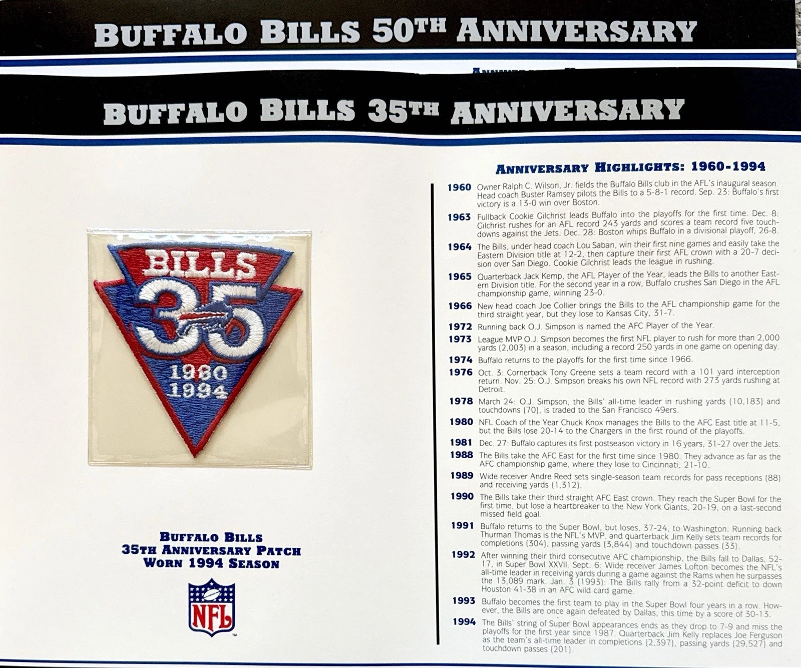 NFL Buffalo Bills Willard & Ward (2) Anniversary Patches