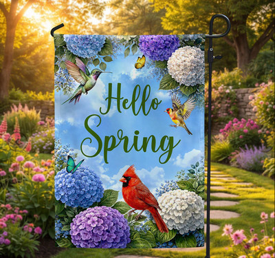 Hello Spring Hummingbird Cardinal Flag, Floral Seasonal House Flag - Garden Flag