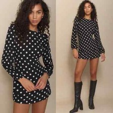 REFORMATION Jeans Black White Polka Dot Bedford Ruffle Shoulder Mini Dress S 2/4