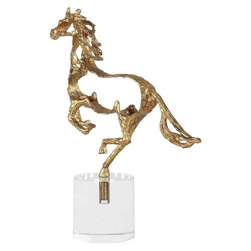 GALLOP METALLIC GOLD & CRYSTAL BASE TABLE TOP STATUE HORSE SCULPTURE 18146 - Picture 3 of 5