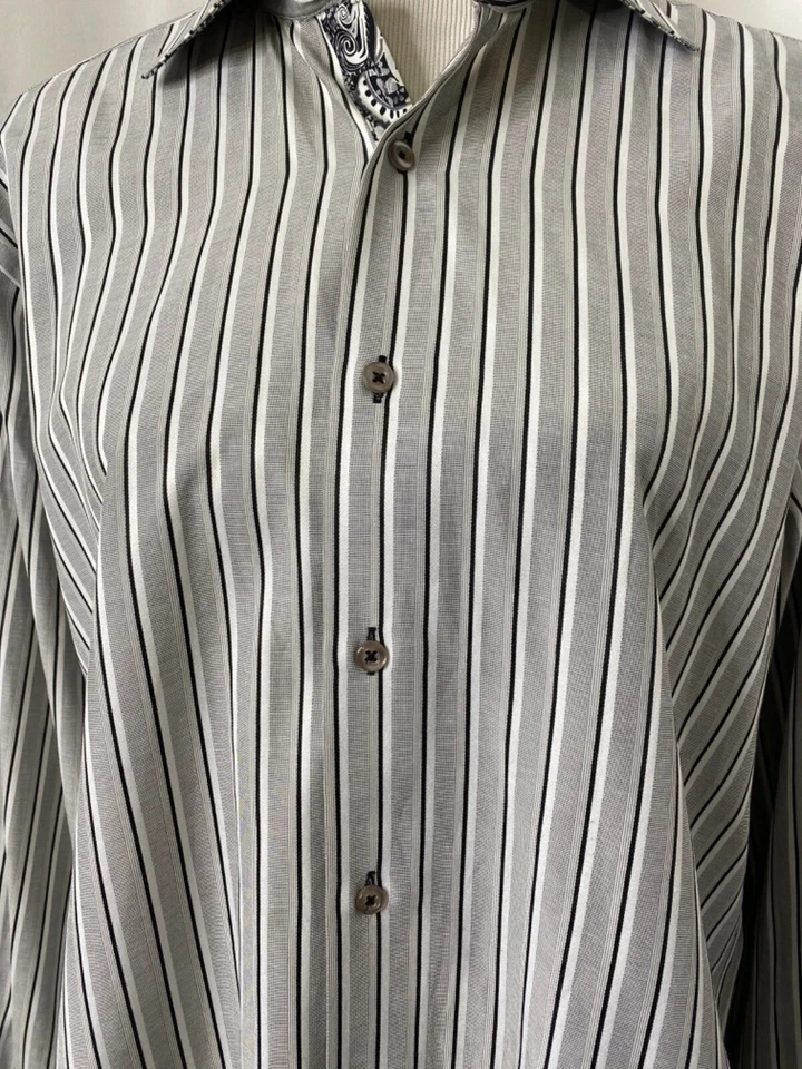 Marcello Sport Men’s Medium Dress Shirt Grey White Black Striped Flip Cuff - Изображение 3 из 4