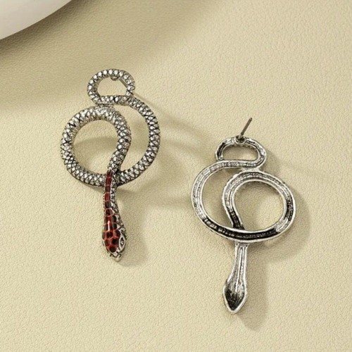 Gothic Carved Silver & Red Coiled Snake Stud Earrings NEW - Picture 4 of 6