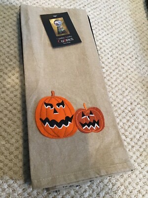 CYNTHIA ROWLEY (3) KITCHEN TOWELS JACK O LANTERNS KHAKI BLCK 100% COTTON NWT