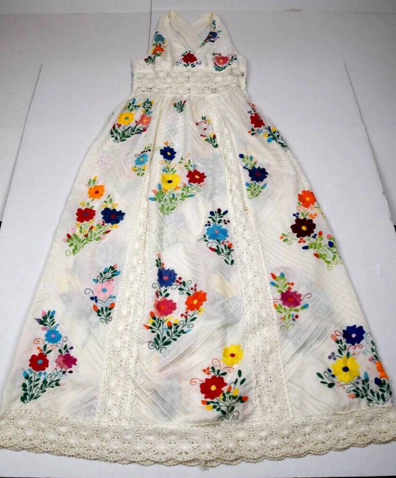 Vestido Vintage Talla S/M Años 70 Blanco Crochet Colorido Floral Bordado Cintura Imperio Foto 2 de 4
